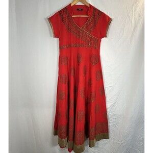 Red Gold Anarkali Kurta Dress XS/S Indian Formal Festive Wear Block Print READ